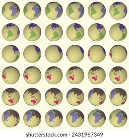 Collection of globes. Tilted sphere view. Rotation step 10 degrees. Colored continents style. World map with sparse graticule lines on a light background. Excellent vector illustration.