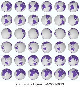 Colección de globos. Vista de esfera inclinada. Paso de rotación 10 grados. Estilo de color sólido. Mapa del mundo con líneas de gránulos dispersos sobre fondo pálido. Ilustración vectorial artística.