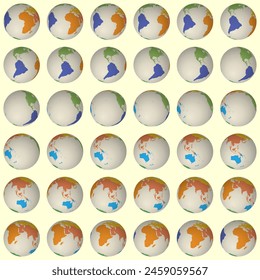 Collection of globes. Tilted sphere view. Rotation step 10 degrees. Colored continents style. World map with dense graticule lines on pale background. Radiant vector illustration.