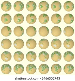 Collection of globes in tilted sphere view, rotated at 10-degree intervals. Features colored countries with graticule lines on a pale background. Pleasant vector illustration.