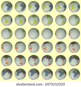 Collection of globes. Tilted sphere view. Rotation step 10 degrees. Colored continents style. World map with graticule lines on warm background. Dazzling vector illustration.