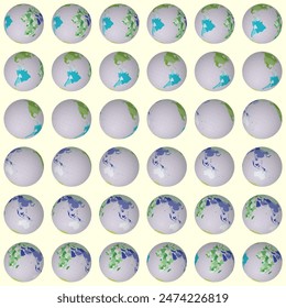 Colección de globos. Vista de esfera inclinada. Paso de rotación 10 grados. Estilo de países coloreados. Mapa del mundo con líneas de gránulos dispersos sobre fondo pálido. Ilustración vectorial elegante.