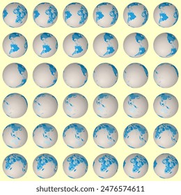 Collection of globes. Tilted sphere view. Rotation step 10 degrees. Colored countries style. World map with graticule lines on yellowish background. Trending vector illustration.