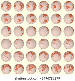 Collection of globes. Tilted sphere view. Rotation step 10 degrees. Colored countries style. World map with dense graticule lines on pale background. Cool vector illustration.