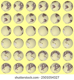 Collection of globes. Tilted sphere view. Rotation step 10 degrees. Colored countries style. World map with dense graticule lines on warm background. Attractive vector illustration.