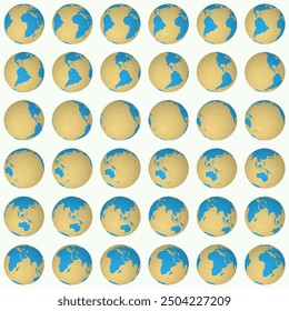 Collection of globes. Tilted sphere view. Rotation step 10 degrees. Solid color style. World map with graticule lines on light background. Captivating vector illustration.