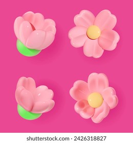 A collection of glossy 3D pink flowers on a vibrant pink background. Vector set of blossoms.