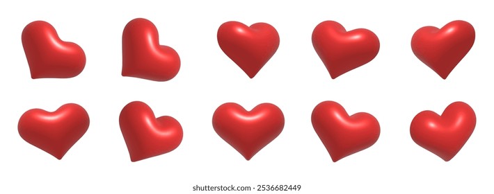 Collection of Glossy 3D Red Heart Icons: Cute Vector Heart Illustrations for Valentine Day Cards, Romantic Decorations, and Love-Themed  y2k Designs