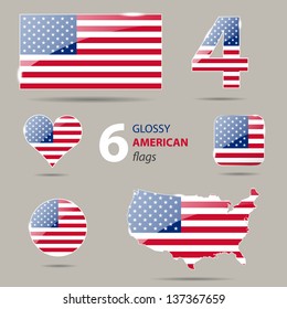 Collection of glossy american flags in different shapes in vector