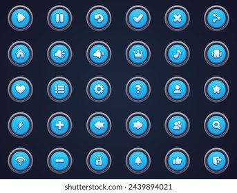 Collection of glossy blue user interface buttons featuring various symbols for web or app design