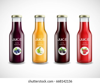 Collection of glossy glass bottles with fruit juice and round labels on white background isolated vector illustration