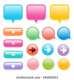 Collection of glossy, glowing web buttons and icons, in bright, Play, Pause, Stop 