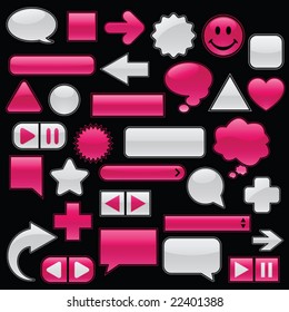 Collection of glossy, glowing web buttons and icons, in wet raspberry and feathery white. Includes buttons for your own text.