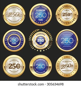 Collection of glossy gold and blue 250th anniversary badges