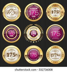 Collection of glossy gold and purple 175th anniversary badges