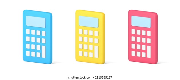 Collection glossy isometric 3d icon modern calculator device machine with buttons and display template vector illustration. Set of electronic gadget for mathematics financial numbers counting isolated