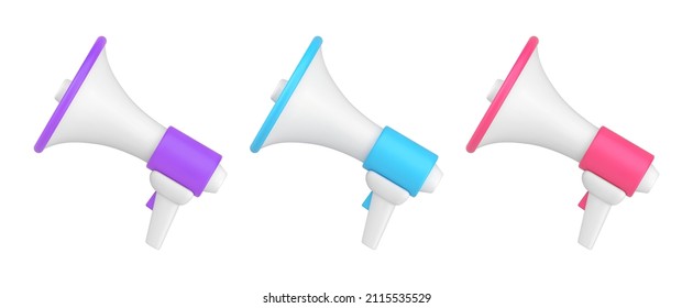 Collection glossy loudspeaker for promotion public announcement megaphone voice speech loud side view 3d icon isometric vector illustration. Set bright modern electronic device symbol of sale discount svg