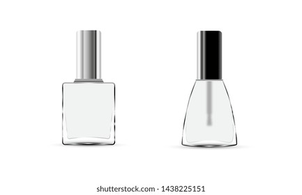 Collection glossy nail polish bottle with cap. Realistic packaging mockup template. Colorless nail polish isolated on white background. Front view. Vector illustration.