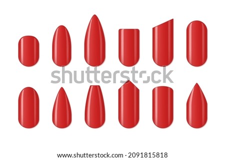 Collection glossy realistic nail different shape vector illustration. Set manicured nails decorative design isolated. Manicure form oval, almond, ballerina, rounded, square, squoval, stiletto, edge