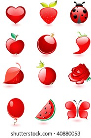 Collection of glossy red icons with drop shadow