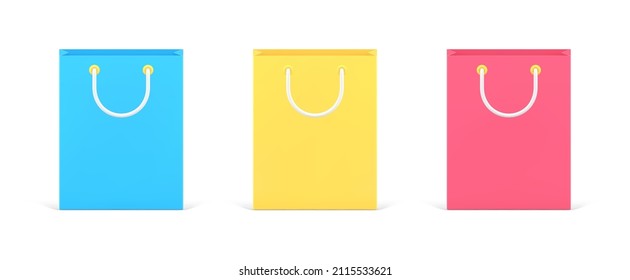 Collection glossy red, yellow and blue stacked paper shopping bag with handles front view 3d icon vector illustration. Set of shiny purchase package decorative design isolated. Festive holiday pack