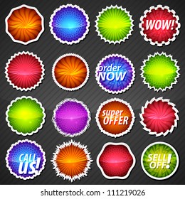 Collection of glossy reflective eps10 round vector stickers in 16 different shape variations, colorful textures with five circle pattern versions