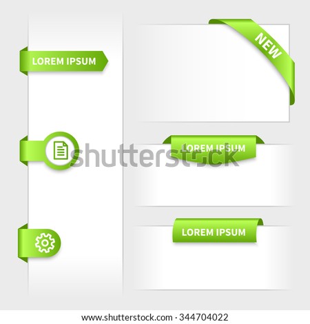 Collection of glossy rounded green 3d stickers. Website tabs with ribbon corner. Presentation on edge.