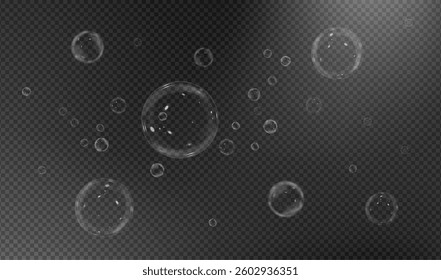 collection of glossy, three-dimensional soap bubbles floating in the air. Transparent and realistic with a clean, underwater look. Perfect for fresh, decorative, and abstract vector designs