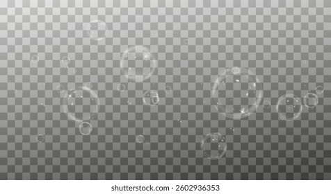 collection of glossy, three-dimensional soap bubbles floating in the air. Transparent and realistic with a clean, underwater look. Perfect for fresh, decorative, and abstract vector designs
