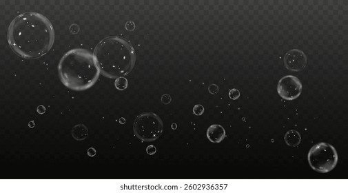 collection of glossy, three-dimensional soap bubbles floating in the air. Transparent and realistic with a clean, underwater look. Perfect for fresh, decorative, and abstract vector designs