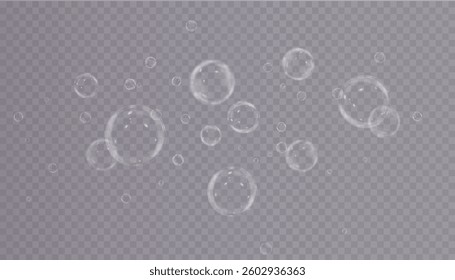 collection of glossy, three-dimensional soap bubbles floating in the air. Transparent and realistic with a clean, underwater look. Perfect for fresh, decorative, and abstract vector designs