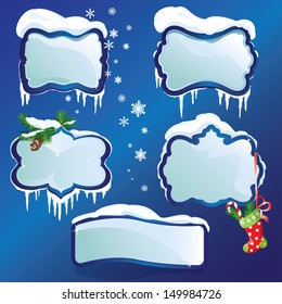 Collection of glossy winter frames with snowdrifts and icicles