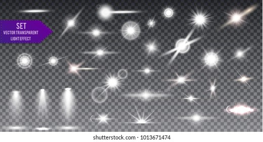 Collection Glow light lens flare effect and Star burst with sparkles. Scene illumination, sunlight transparent effects.
