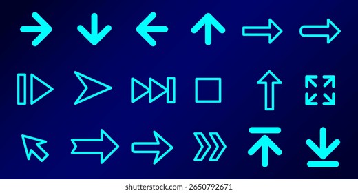 A collection glowing blue arrow designs, ideal for  high-tech interfaces.