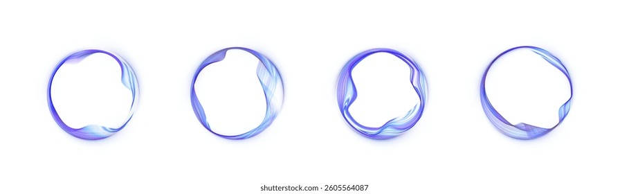 Collection of glowing blue circular wave frames with fluid shapes and light transparency on white background. Perfect for modern interfaces, sci-fi visuals, or abstract design elements.
