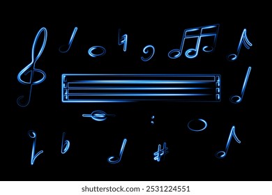 A collection of glowing blue musical notes and symbols surrounds a blank sheet music staff on a dark background, highlighting creativity