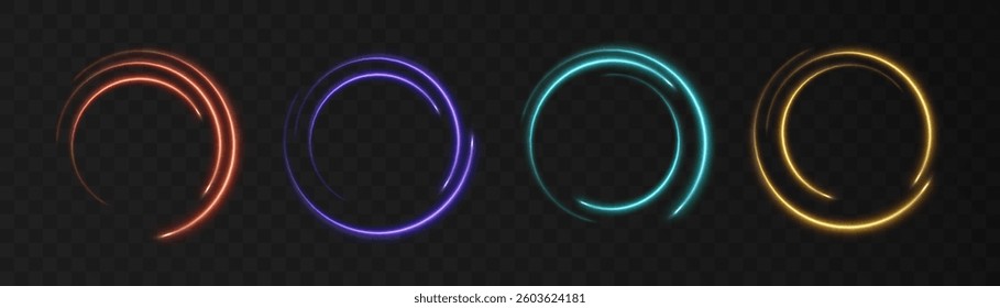 A collection of glowing circular light paths in vibrant colours, red, blue, purple and yellow. Ideal for adding dynamic, futuristic effects to designs.