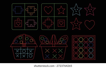 Collection of glowing dotted light illustrations featuring various classic simple games and decorative shapes against a dark background