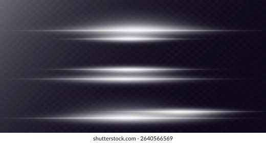 Collection of glowing flashes. Laser beams, horizontal light lines. On a transparent background.