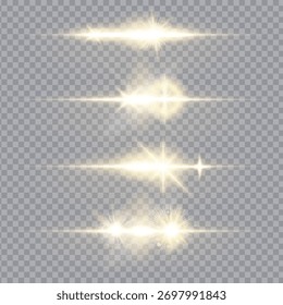 Collection of glowing golden horizontal light flares and lens effects on a transparent background for design and overlays. Shining golden horizontal light streaks ideal for photo editing, decoration,
