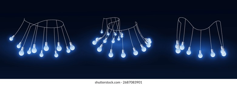 Collection of glowing light bulbs. On a blue background.