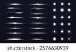 A collection of glowing light effects, featuring stars, sparkles, and flares. Bright light effects, shining stars, and sparkling flares on a dark background. Overlay effect vector element set.