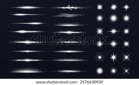 A collection of glowing light effects, featuring stars, sparkles, and flares. Bright light effects, shining stars, and sparkling flares on a dark background. Overlay effect vector element set.