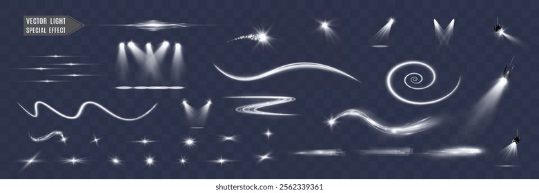 Collection of glowing light effects, including spotlights, stars, swirls, trails, and flashes on transparent dark background.