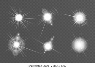 A collection of glowing light starbursts with transparency effect. Perfect for festive design, decoration, overlays, and digital artwork.