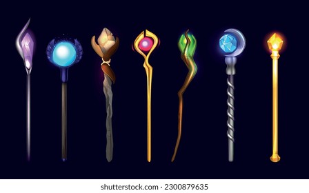 Collection of glowing magic wands of various shapes with jewel tip realistic at black background isolated vector illustration