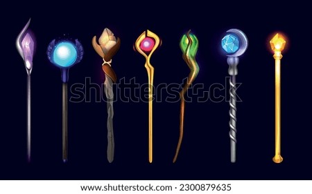 Collection of glowing magic wands of various shapes with jewel tip realistic at black background isolated vector illustration