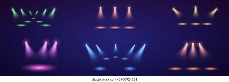 Una colección de brillantes focos multicolores sobre un fondo oscuro. Ilustración vectorial realista de efectos luminosos con rayos y reflejos.