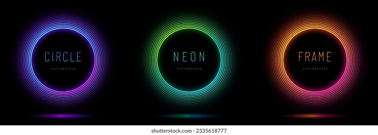 Collection of glowing neon frame lighting round lines on background. Set of blue, red-purple, green illuminate frames design. Abstract cosmic gradient color with copy space. Top view futuristic style.