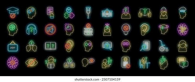 Collection of glowing neon icons representing dyslexia, depicting people studying, reading and learning